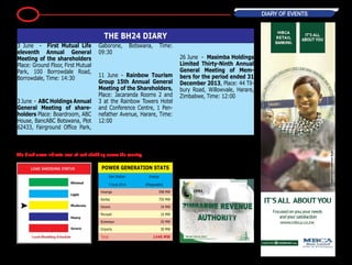 11 DIARY OF EVENTS
The black arrow indicate level of load shedding across the country.
POWER GENERATION STATS
Gen Station
3 June 2014
Energy
(Megawatts)
Hwange 598 MW
Kariba 750 MW
Harare 34 MW
Munyati 16 MW
Bulawayo 20 MW
Imports 30 MW
Total 1448 MW
3 June - First Mutual Life
eleventh Annual General
Meeting of the shareholders
Place: Ground Floor, First Mutual
Park, 100 Borrowdale Road,
Borrowdale, Time: 14:30
3 June - ABC Holdings Annual
General Meeting of share-
holders Place: Boardroom, ABC
House, BancABC Botswana, Plot
62433, Fairground Office Park,
Gaborone, Botswana, Time:
09:30
11 June - Rainbow Tourism
Group 15th Annual General
Meeting of the Shareholders,
Place: Jacaranda Rooms 2 and
3 at the Rainbow Towers Hotel
and Conference Centre, 1 Pen-
nefather Avenue, Harare, Time:
12:00
26 June - Masimba Holdings
Limited Thirty-Ninth Annual
General Meeting of Mem-
bers for the period ended 31
December 2013, Place: 44 Til-
bury Road, Willowvale, Harare,
Zimbabwe, Time: 12:00
THE BH24 DIARY
 