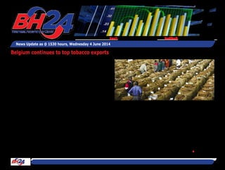 News Update as @ 1530 hours, Wednesday 4 June 2014
Feedback: bh24admin@zimpapers.co.zwEmail: bh24feedback@zimpapers.co.zw
By Tawanda Musarurwa
•.....butMalaysia,Chinaofferingbet-
terprices.
Belgium is currently the largest importer
of Zimbabwean tobacco in the current
marketing season, having purchased 6,2
million kilogrammes to the tune of $25,4
million, latest figures from the Tobacco
MarketingIndustryBoardshow.
In second place is South Africa, which
has purchased 3,3 million kgs of tobacco
worth$14,8million,followedinclosethird
byChinawhichhaspurchased3,2million
kgs of the golden leaf at a total value of
$22million.
Although China is in third place in terms
of mass sold, it stands in second place in
terms of value because it has been offer-
ing the highest average price for a kilo-
grammeoftobacco.
Amongst the top three, tobacco destined
for the Chinese market has been sold at
an average price of $6,92/kg, followed
by South Africa's $4,42/kg and Belgium's
$4,09/kg.
Malaysia has been offering the highest
average price of $8,72/kg. There has
been a change in position between the
top two, with Belgium replacing South
Africa, which had purchased over 9 mil-
lion kgs of tobacco worth $29,2 million
thistimelastyear.
Intotal,26,3millionkgsoftobaccovalued
at108,2millionhadbeenexportedbythe
end of May. TIMB has confirmed that the
contract floors have dominated sales this
year, and that prices during this year's
tobacco marketing season have been
lowercomparedto2013.
"The current average seasonal price has
remained stagnant at $3,18/kg for the
past two weeks. Last year’s prices for
both auction ($3,58/kg)and contract
($3,78/kg) were firmer than the current
auction ($2,76/kg) and contract ($3,38/
kg)prices.
"Contractors average daily throughput
has declined from a record high of 3.5
million kg to the current 2 million kg per
day.Auctionfloorscontinuetoreceiveless
deliveries per day compared to the same
period last year," said TIMB. In terms of
total contract and auction floors sales to
date, TIMB reports that 179,4 million kgs
oftobaccotothevalueof$570millionhas
beensoldbyfarmers.
The Government had set an initial target
of180kgsforthecurrentsellingseason.
With this target now most likely to be
surpassed this should reflect well for the
agricultural sector as tobacco accounts
for 10,7 percent of Zimbabwe's Gross
DomesticProduct. •
Belgium continues to top tobacco exports
 