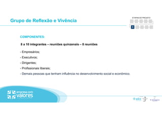 COMPONENTES:
8 a 10 integrantes – reuniões quinzenais – 8 reuniões
- Empresários;
- Executivos;
ETAPAS DO PROJETO
6
Grupo de Reflexão e Vivência
- Executivos;
- Dirigentes;
- Profissionais liberais;
- Demais pessoas que tenham influência no desenvolvimento social e econômico.
 