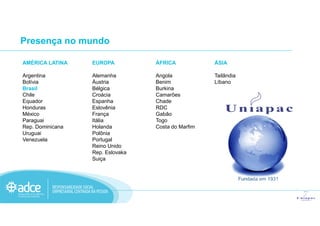 AMÉRICA LATINA
Argentina
Bolívia
Brasil
Chile
Equador
Honduras
México
EUROPA
Alemanha
Áustria
Bélgica
Croácia
Espanha
Eslovênia
França
ÁFRICA
Angola
Benim
Burkina
Camarões
Chade
RDC
Gabão
ÁSIA
Tailândia
Líbano
Presença no mundo
México
Paraguai
Rep. Dominicana
Uruguai
Venezuela
França
Itália
Holanda
Polônia
Portugal
Reino Unido
Rep. Eslovaka
Suiça
Gabão
Togo
Costa do Marfim
 