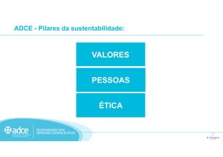 ADCE - Pilares da sustentabilidade:
VALORES
PESSOASPESSOAS
ÉTICA
 
