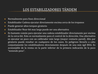LOS ESTABILIZADORES TÁNDEM
 Normalmente para fines direccional
 Estabilizador Cadena ejecutar directamente encima cerca de los trepanos
 Puede generar altos torques giratorio
 Estabilizador Near-bit mas largo puede ser una alternativa
 Es bastante común para ejecutar una cadena estabilizador directamente por encima
de la cerca-bit. Esto es normalmente para el control de la dirección. Una alternativa
es ejecutar un poco con un calibrador más largo (mayor contacto pared). Alto par
giratorio puede resultar en cualquiera de los casos. Es peligroso llevarlo a cabo
conjuntamente los estabilizadores directamente después de una más ágil BHA. Es
aconsejable de la resma en la parte inferior de la primera indicación de la poco
"teniendo peso".
 