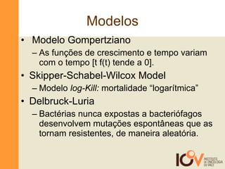Modelos Modelo Gompertziano As funções de crescimento e tempo variam com o tempo [t f(t) tende a 0]. Skipper-Schabel-Wilcox Model  Modelo  log-Kill:  mortalidade “logarítmica”  Delbruck-Luria Bactérias nunca expostas a bacteriófagos desenvolvem mutações espontâneas que as tornam resistentes, de maneira aleatória. 
