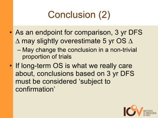 Conclusion (2) As an endpoint for comparison, 3 yr DFS    may slightly overestimate 5 yr OS   May change the conclusion in a non-trivial proportion of trials If long-term OS is what we really care about, conclusions based on 3 yr DFS must be considered ‘subject to confirmation’ 