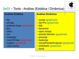 Mach-O – Uma nova Ameaça
0x03 – Tools - Análise (Estática / Dinâmica)
Análise Dinâmica
- xcode (graphical)
- ida Pro (graphical)
- lldb
- fseventer
- open snoop
- activity Monitor (graphical)
- procoxp
- tcpdump
- cocoaPacketAnalyzer (graphical)
- wireshark (graphical)
- lsock
Análise Estática
- file
- strings
- editores hexa (graphical)
- lipo
- otool
- nm
- codesign
- machOView (graphical)
- hopper (graphical)
- class-dump
 