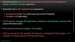 ALEXANDREBORGES–MALWAREANDSECURITYRESEARCHER
BHACK CONFERENCE 2019
23
 Metadata works as descriptors for each structure component of the application:
classes, attributes, members, and so on.
 Remember that a .NET application is composed by:
 managed executable files, which each one contains metadata
 managed code (optionally)
 .NET Assembly: managed .NET application (modules) + class libraries + resources files
(more information later)
 CLR runtime environment: loaders + JIT compiler.
 .NET source code  .NET compiler  module (IL + metadata)  CLR ( loaders + JIT
compiler)  native instruction  Execution Engine
 