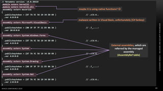 ALEXANDREBORGES–MALWAREANDSECURITYRESEARCHER
BHACK CONFERENCE 2019 43
maybe it is using native functions? 
malware written in Visual Basic, unfortunately (C# fanboy)
External assemblies, which are
referred by the managed
assembly
(AssemblyRef table)
 