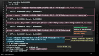ALEXANDREBORGES–MALWAREANDSECURITYRESEARCHER
BHACK CONFERENCE 2019
45
Managed Resources
referred by the assembly
(ManifestResource
metadata table)
MVID is used in the Registry to
locate assocuiated native image.
Runs in 32-bit, only
 