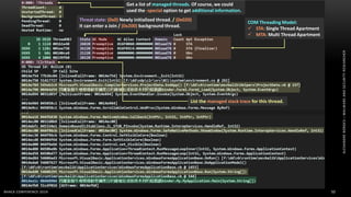 ALEXANDREBORGES–MALWAREANDSECURITYRESEARCHER
BHACK CONFERENCE 2019 50
COM Threading Model:
 STA: Single Thread Apartment
 MTA: Multi Thread Apartment
Threat state: (0x0) Newly initialized thread. / (0x020)
It can enter a Join / (0x200) background thread.
List the managed stack trace for this thread.
Get a list of managed threads. Of course, we could
used the -special option to get additional information.
 