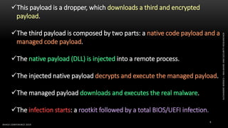 ALEXANDREBORGES–MALWAREANDSECURITYRESEARCHER
BHACK CONFERENCE 2019
9
This payload is a dropper, which downloads a third and encrypted
payload.
The third payload is composed by two parts: a native code payload and a
managed code payload.
The native payload (DLL) is injected into a remote process.
The injected native payload decrypts and execute the managed payload.
The managed payload downloads and executes the real malware.
The infection starts: a rootkit followed by a total BIOS/UEFI infection.
 