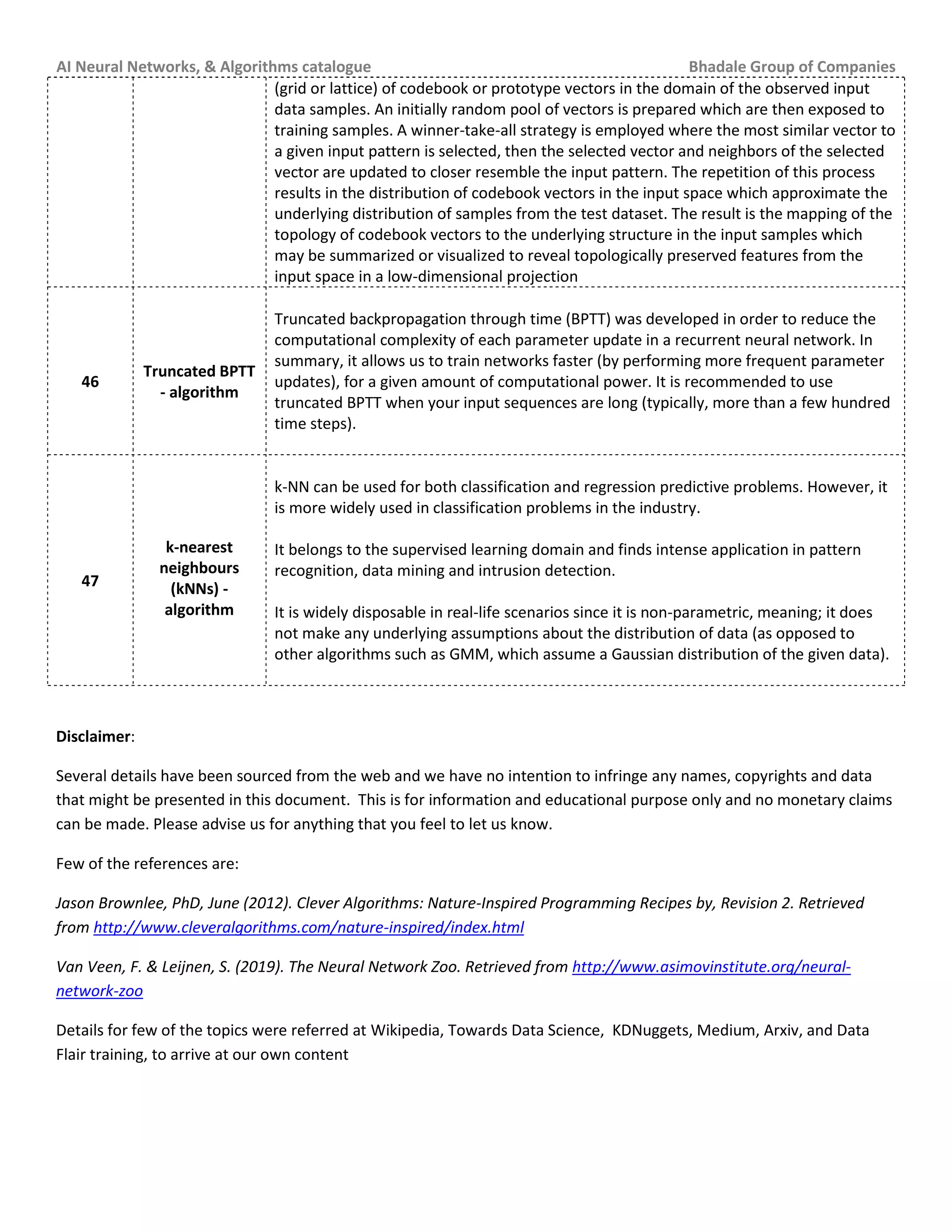 AI Neural Networks, & Algorithms catalogue Bhadale Group of Companies
(grid or lattice) of codebook or prototype vectors in the domain of the observed input
data samples. An initially random pool of vectors is prepared which are then exposed to
training samples. A winner-take-all strategy is employed where the most similar vector to
a given input pattern is selected, then the selected vector and neighbors of the selected
vector are updated to closer resemble the input pattern. The repetition of this process
results in the distribution of codebook vectors in the input space which approximate the
underlying distribution of samples from the test dataset. The result is the mapping of the
topology of codebook vectors to the underlying structure in the input samples which
may be summarized or visualized to reveal topologically preserved features from the
input space in a low-dimensional projection
46
Truncated BPTT
- algorithm
Truncated backpropagation through time (BPTT) was developed in order to reduce the
computational complexity of each parameter update in a recurrent neural network. In
summary, it allows us to train networks faster (by performing more frequent parameter
updates), for a given amount of computational power. It is recommended to use
truncated BPTT when your input sequences are long (typically, more than a few hundred
time steps).
47
k-nearest
neighbours
(kNNs) -
algorithm
k-NN can be used for both classification and regression predictive problems. However, it
is more widely used in classification problems in the industry.
It belongs to the supervised learning domain and finds intense application in pattern
recognition, data mining and intrusion detection.
It is widely disposable in real-life scenarios since it is non-parametric, meaning; it does
not make any underlying assumptions about the distribution of data (as opposed to
other algorithms such as GMM, which assume a Gaussian distribution of the given data).
Disclaimer:
Several details have been sourced from the web and we have no intention to infringe any names, copyrights and data
that might be presented in this document. This is for information and educational purpose only and no monetary claims
can be made. Please advise us for anything that you feel to let us know.
Few of the references are:
Jason Brownlee, PhD, June (2012). Clever Algorithms: Nature-Inspired Programming Recipes by, Revision 2. Retrieved
from http://www.cleveralgorithms.com/nature-inspired/index.html
Van Veen, F. & Leijnen, S. (2019). The Neural Network Zoo. Retrieved from http://www.asimovinstitute.org/neural-
network-zoo
Details for few of the topics were referred at Wikipedia, Towards Data Science, KDNuggets, Medium, Arxiv, and Data
Flair training, to arrive at our own content
 