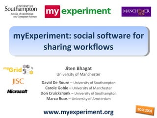 Jiten Bhagat University of Manchester David De Roure  –  University of Southampton Carole Goble  –  University of Manchester Don Cruickshank  –  University of Southampton Marco Roos  –  University of Amsterdam www.myexperiment.org myExperiment: social software for sharing workflows 