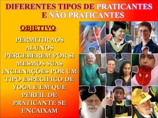 OBJETIVO :  PERMITIR AOS ALUNOS PERCEBEREM POR SI MESMOS SUAS INCLINAÇÕES POR UM TIPO ESPECÍFICO DE YOGA E EM QUE PERFIL DE PRATICANTE SE ENCAIXAM 