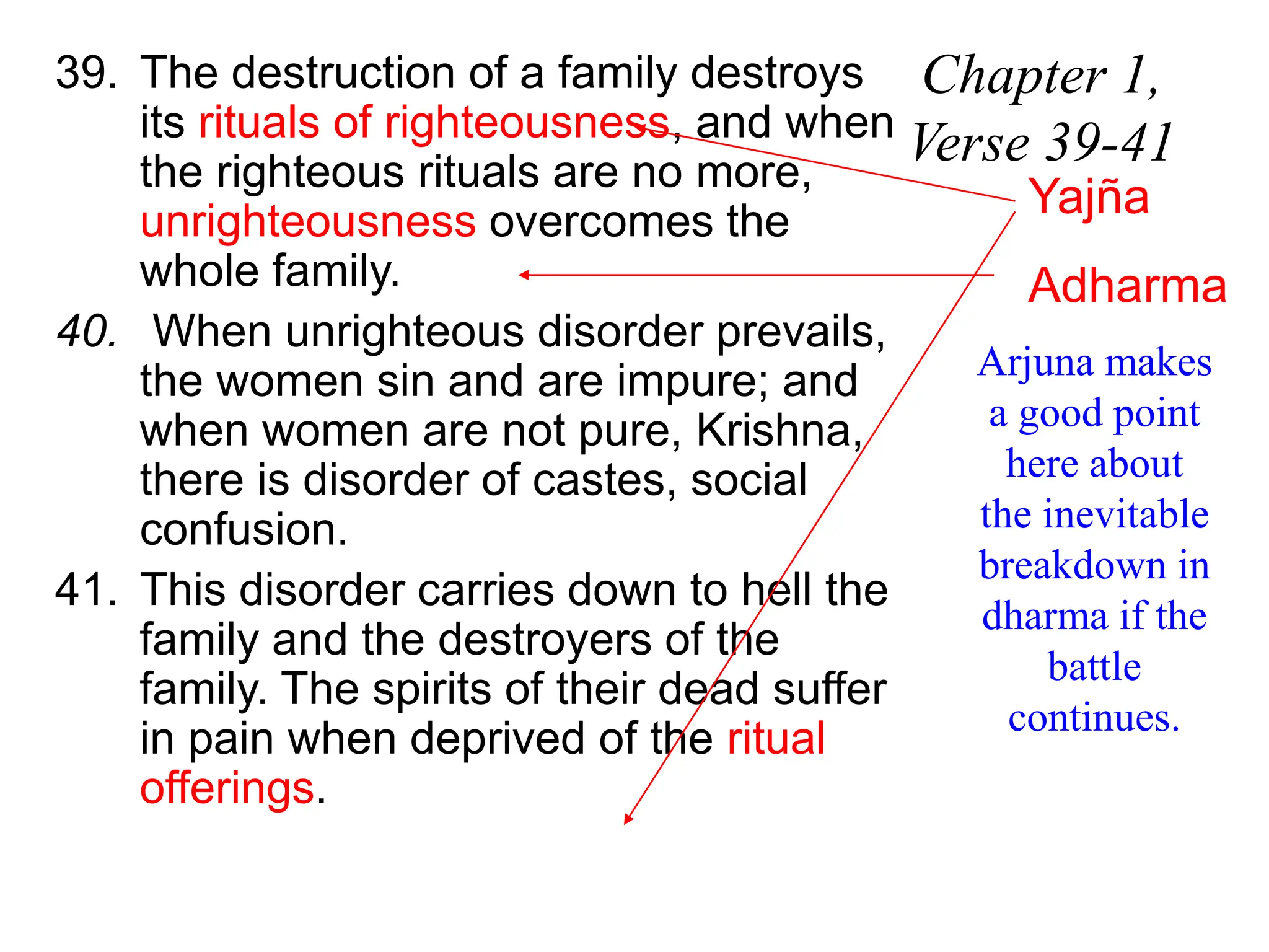 39. The destruction of a family destroys
its rituals of righteousness, and when
the righteous rituals are no more,
unrighteousness overcomes the
whole family.
40. When unrighteous disorder prevails,
the women sin and are impure; and
when women are not pure, Krishna,
there is disorder of castes, social
confusion.
41. This disorder carries down to hell the
family and the destroyers of the
family. The spirits of their dead suffer
in pain when deprived of the ritual
offerings.
Chapter 1,
Verse 39-41
Arjuna makes
a good point
here about
the inevitable
breakdown in
dharma if the
battle
continues.
Yajña
Adharma
 
