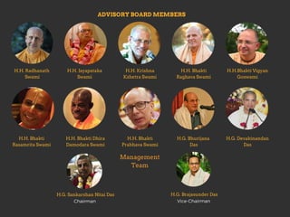 ADVISORY BOARD MEMBERS
H.H. Bhakti
Raghava Swami
H.H.Bhakti Vigyan
Goswami
H.H. Krishna
Kshetra Swami
H.H. Jayapataka
Swami
H.H. Radhanath
Swami
H.G. Devakinandan
Das
H.G. Bhurijana
Das
H.H. Bhakti
Prabhava Swami
H.H. Bhakti Dhira
Damodara Swami
H.H. Bhakti
Rasamrita Swami
H.G. Sankarshan Nitai Das
Chairman
H.G. Brajasunder Das
Vice-Chairman
Management
Team
 
