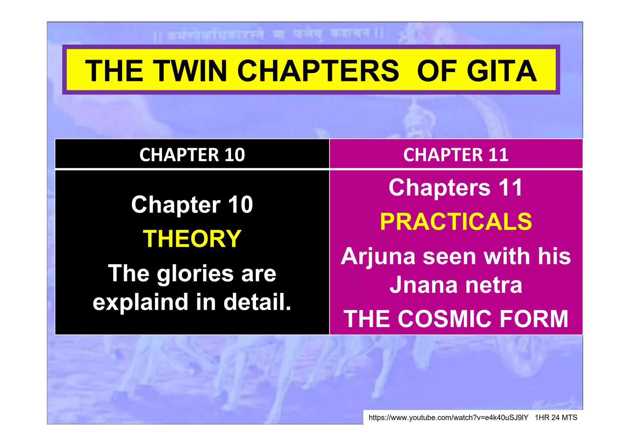 THE TWIN CHAPTERS OF GITA
CHAPTER 10 CHAPTER 11
Chapter 10
THEORY
The glories are
explaind in detail.
Chapters 11
PRACTICALS
Arjuna seen with his
Jnana netra
THE COSMIC FORM
https://www.youtube.com/watch?v=e4k40uSJ9lY 1HR 24 MTS
 