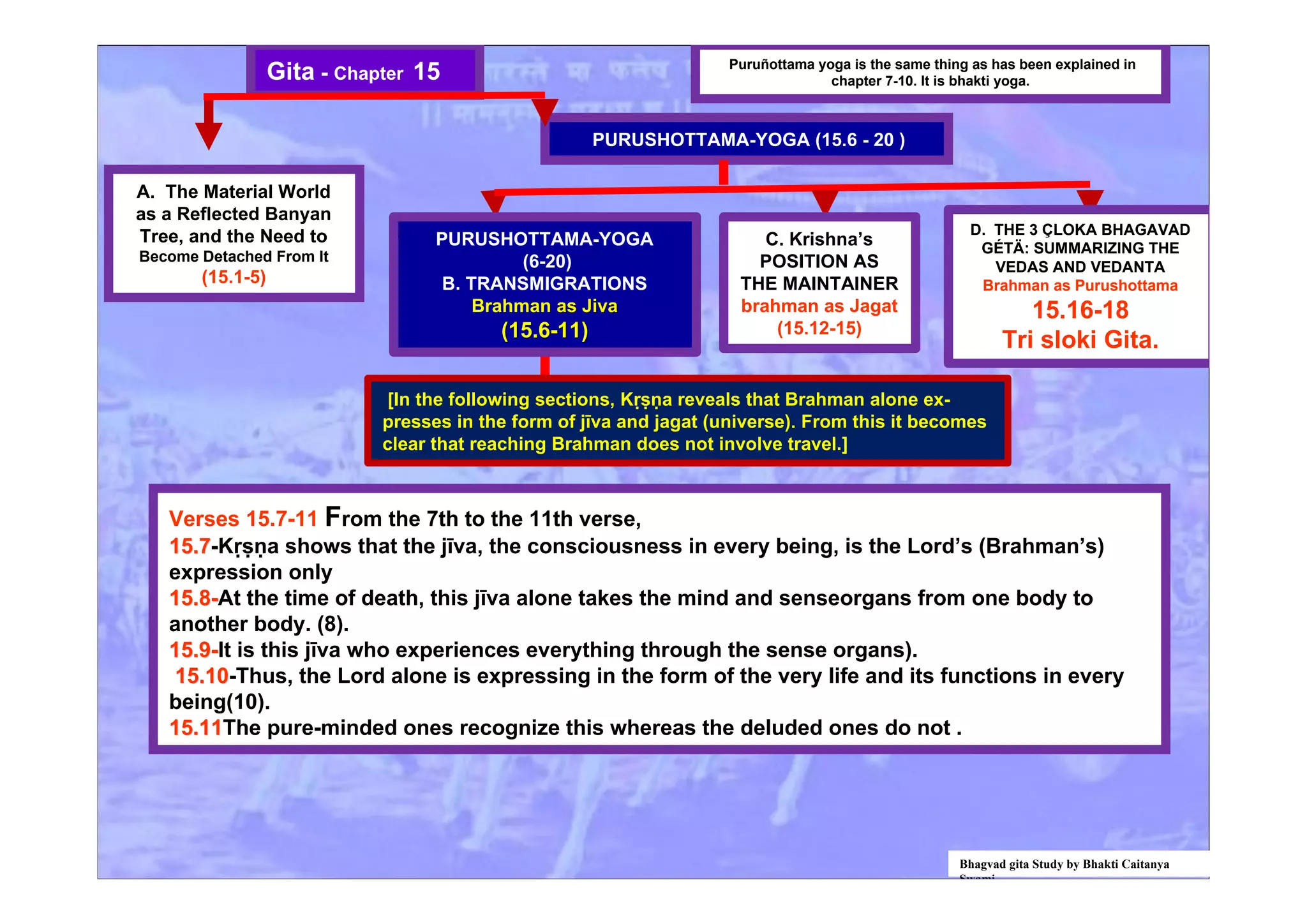 A. The Material World
as a Reflected Banyan
Tree, and the Need to
Become Detached From It
(15.1-5)
Gita - Chapter 15
Bhagvad gita Study by Bhakti Caitanya
Swami
PURUSHOTTAMA-YOGA (15.6 - 20 )
Verses 15.7-11 From the 7th to the 11th verse,
15.715.7-Kṛṣṇa shows that the jīva, the consciousness in every being, is the Lord’s (Brahman’s)
expression only
15.8-15.8-At the time of death, this jīva alone takes the mind and senseorgans from one body to
another body. (8).
15.9-15.9-It is this jīva who experiences everything through the sense organs).
15.1015.10-Thus, the Lord alone is expressing in the form of the very life and its functions in every
being(10).
15.1115.11The pure-minded ones recognize this whereas the deluded ones do not .
Puruñottama yoga is the same thing as has been explained in
chapter 7-10. It is bhakti yoga.
[In the following sections, Kṛṣṇa reveals that Brahman alone ex-
presses in the form of jīva and jagat (universe). From this it becomes
clear that reaching Brahman does not involve travel.]
PURUSHOTTAMA-YOGA
(6-20)
B. TRANSMIGRATIONS
Brahman as Jivaas Jiva
(15.6-11)(15.6-11)
C. Krishna’s
POSITION AS
THE MAINTAINER
brahman as Jagat
(15.12-15)
D. THE 3 ÇLOKA BHAGAVAD
GÉTÄ: SUMMARIZING THE
VEDAS AND VEDANTA
Brahman as Purushottama
15.16-18
Tri sloki Gita.
 