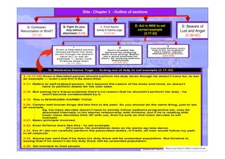 A: Confusion:
Renunciation or Work?
(3.1-2)
B: Fight! Do your
duty without
attachment (3.3-9)
C: From Karma
kanda to Karma yoga
(3.10-16)
D: Act in NKK to set
correct example
(3.17-32)
E: Beware of
Lust and Anger
(3.36-42)
Gita - Chapter 3 - Outline of sections
Bhagvad gita Study by Bhakti Caitanya Swami
 