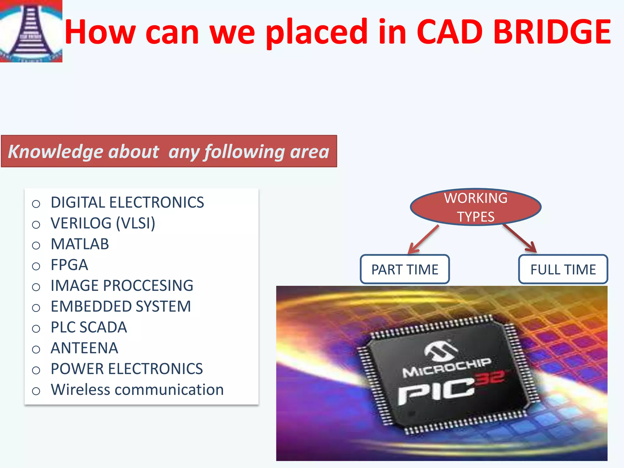 How can we placed in CAD BRIDGE
o DIGITAL ELECTRONICS
o VERILOG (VLSI)
o MATLAB
o FPGA
o IMAGE PROCCESING
o EMBEDDED SYSTEM
o PLC SCADA
o ANTEENA
o POWER ELECTRONICS
o Wireless communication
FULL TIMEPART TIME
WORKING
TYPES
Knowledge about any following area
 