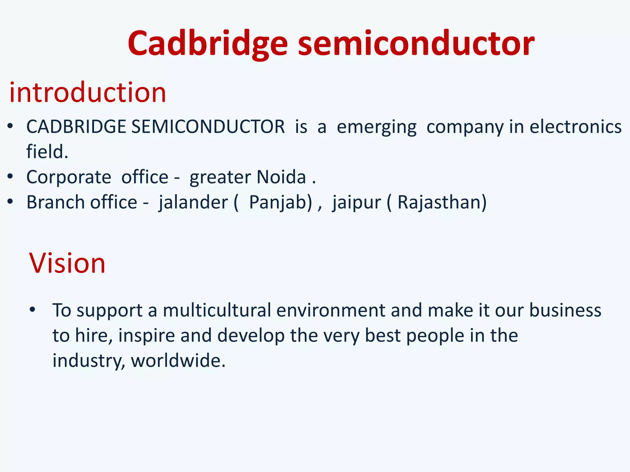Cadbridge semiconductor
• CADBRIDGE SEMICONDUCTOR is a emerging company in electronics
field.
• Corporate office - greater Noida .
• Branch office - jalander ( Panjab) , jaipur ( Rajasthan)
introduction
Vision
• To support a multicultural environment and make it our business
to hire, inspire and develop the very best people in the
industry, worldwide.
 
