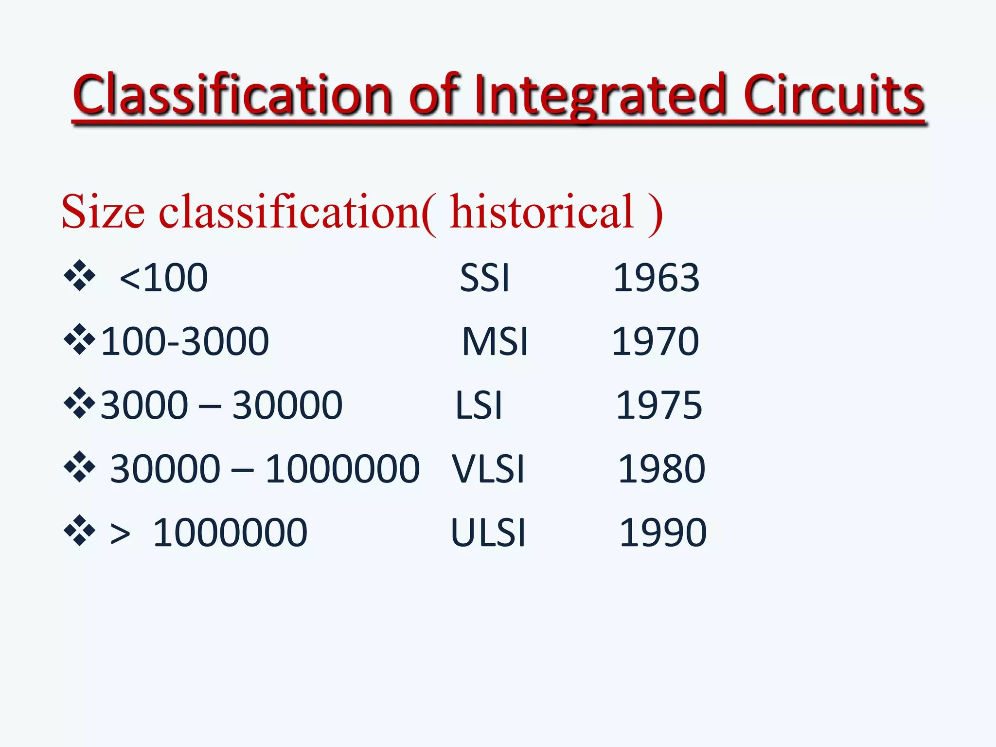 Classification of Integrated Circuits
Size classification( historical )
 <100 SSI 1963
100-3000 MSI 1970
3000 – 30000 LSI 1975
 30000 – 1000000 VLSI 1980
 > 1000000 ULSI 1990
 