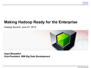© 2013 IBM Corporation
Making Hadoop Ready for the Enterprise
Hadoop Summit, June 27, 2013
Anjul Bhambhri
Vice-President, IBM Big Data Development
 