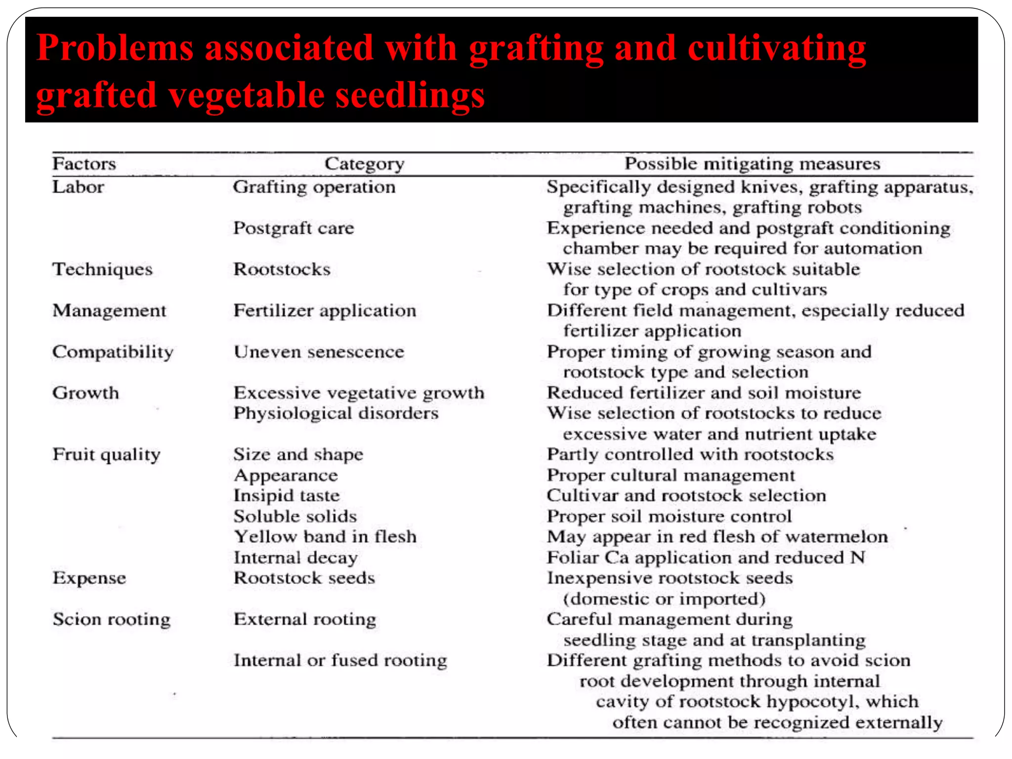 Problems associated with grafting and cultivating
grafted vegetable seedlings.
 