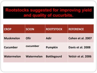 Rootstocks suggested for improving yield
and quality of cucurbits.
CROP SCION ROOTSTOCK REFERENCE
Muskmelon Ofir Adir Cohen et al. 2007
Cucumber cucumber
Pumpkin Davis et al. 2008
Watermelon Watermelon Bottlegourd Yetisir et al. 2006
 