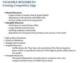 VALUABLE RESOURCES:
Creating Competitive Edge
• Physical Resources
–Large number of outlets (Hub & Spoke Model)
–Operations in 40 countries with 9000 cafes
–Hi-tech coffee machines & equipments
• Intangible Resources
–Techniques to roast & brew coffee
–Large satisfied customer base
–Building employee relationship
–Reputation for having the finest products and services in the world
•
•
•
•

High quality of products
Quality of Workforce
Strategic Store Location
Tangible Resources
•Coffee beans (Ex. They have sole ownership of the Narino Supremo
beans, which is considered to be one of the highest quality coffee beans in
the world.)
• Intangible Resources
•Perception/Reputation of quality (beans, company name, etc)
•Largest and best known of coffee house chains

 