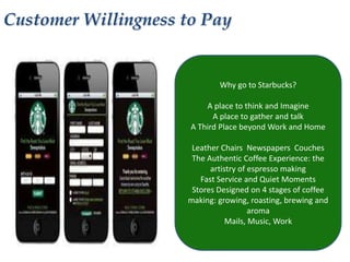 Customer Willingness to Pay

Why go to Starbucks?
A place to think and Imagine
A place to gather and talk
A Third Place beyond Work and Home

Leather Chairs Newspapers Couches
The Authentic Coffee Experience: the
artistry of espresso making
Fast Service and Quiet Moments
Stores Designed on 4 stages of coffee
making: growing, roasting, brewing and
aroma
Mails, Music, Work

 