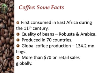 Coffee: Some Facts
First consumed in East Africa during
the 11th century.
Quality of beans – Robusta & Arabica.
Produced in 70 countries.
Global coffee production – 134.2 mn
bags.
More than $70 bn retail sales
globally.

 