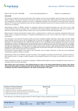 Bharat Forge | 2QFY2011 Result Update
October 22, 2010 13
Disclosure of Interest Statement Bharat Forge
1. Analyst ownership of the stock Yes
2. Angel and its Group companies ownership of the stock No
3. Angel and its Group companies' Directors ownership of the stock No
4. Broking relationship with company covered No
Note: We have not considered any Exposure below ` 1 lakh for Angel, its Group companies and Directors.
Ratings (Returns) : Buy (> 15%) Accumulate (5% to 15%) Neutral (-5 to 5%)
Reduce (-5% to 15%) Sell (< -15%)
Research Team Tel: 022 - 4040 3800 E-mail: research@angeltrade.com Website: www.angeltrade.com
DISCLAIMER
This document is solely for the personal information of the recipient, and must not be singularly used as the basis of any investment
decision. Nothing in this document should be construed as investment or financial advice. Each recipient of this document should make
such investigations as they deem necessary to arrive at an independent evaluation of an investment in the securities of the companies
referred to in this document (including the merits and risks involved), and should consult their own advisors to determine the merits and
risks of such an investment.
Angel Broking Limited, its affiliates, directors, its proprietary trading and investment businesses may, from time to time, make
investment decisions that are inconsistent with or contradictory to the recommendations expressed herein. The views contained in this
document are those of the analyst, and the company may or may not subscribe to all the views expressed within.
Reports based on technical and derivative analysis center on studying charts of a stock's price movement, outstanding positions and
trading volume, as opposed to focusing on a company's fundamentals and, as such, may not match with a report on a company's
fundamentals.
The information in this document has been printed on the basis of publicly available information, internal data and other reliable
sources believed to be true, but we do not represent that it is accurate or complete and it should not be relied on as such, as this
document is for general guidance only. Angel Broking Limited or any of its affiliates/ group companies shall not be in any way
responsible for any loss or damage that may arise to any person from any inadvertent error in the information contained in this report.
Angel Broking Limited has not independently verified all the information contained within this document. Accordingly, we cannot testify,
nor make any representation or warranty, express or implied, to the accuracy, contents or data contained within this document. While
Angel Broking Limited endeavours to update on a reasonable basis the information discussed in this material, there may be regulatory,
compliance, or other reasons that prevent us from doing so.
This document is being supplied to you solely for your information, and its contents, information or data may not be reproduced,
redistributed or passed on, directly or indirectly.
Angel Broking Limited and its affiliates may seek to provide or have engaged in providing corporate finance, investment banking or
other advisory services in a merger or specific transaction to the companies referred to in this report, as on the date of this report or in
the past.
Neither Angel Broking Limited, nor its directors, employees or affiliates shall be liable for any loss or damage that may arise from or in
connection with the use of this information.
Note: Please refer to the important `Stock Holding Disclosure' report on the Angel website (Research Section). Also, please
refer to the latest update on respective stocks for the disclosure status in respect of those stocks. Angel Broking Limited and
its affiliates may have investment positions in the stocks recommended in this report.
 