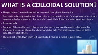 WHAT IS A COLLOIDAL SOLUTION?
• The particles of a colloid are uniformly spread throughout the solution.
• Due to the relatively smaller size of particles, as compared to that of a suspension, the mixture
appears to be homogeneous . But actually , a colloidal solution is a heterogeneous mixture
• Example- milk
• Because of the small size of colloidal particles, we cannot see them with naked eyes. But,
these particles can easily scatter a beam of visible light. This scattering of beam of light is
called the Tyndall effect .
• They do not settle down when left undisturbed , that is, a colloid is quite stable.
 