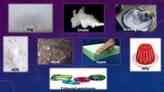 Fog Smoke Shaving cream
Milk
Mud Foam
Jelly
Coloured gemstones
 