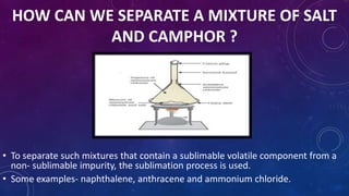 HOW CAN WE SEPARATE A MIXTURE OF SALT
AND CAMPHOR ?
• To separate such mixtures that contain a sublimable volatile component from a
non- sublimable impurity, the sublimation process is used.
• Some examples- naphthalene, anthracene and ammonium chloride.
 