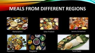 MEALS FROM DIFFERENT REGIONS
Jammu & KashmirUttar PradeshMaharashtra
Rajasthan Nagaland Tamil Nadu
 