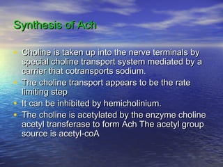 Synthesis of AchSynthesis of Ach
• Choline is taken up into the nerve terminals byCholine is taken up into the nerve terminals by
special choline transport system mediated by aspecial choline transport system mediated by a
carrier that cotransports sodium.carrier that cotransports sodium.
• The choline transport appears to be the rateThe choline transport appears to be the rate
limiting steplimiting step
• It can be inhibited by hemicholinium.It can be inhibited by hemicholinium.
• The choline is acetylated by the enzyme cholineThe choline is acetylated by the enzyme choline
acetyl transferase to form Ach The acetyl groupacetyl transferase to form Ach The acetyl group
source is acetyl-coAsource is acetyl-coA
 
