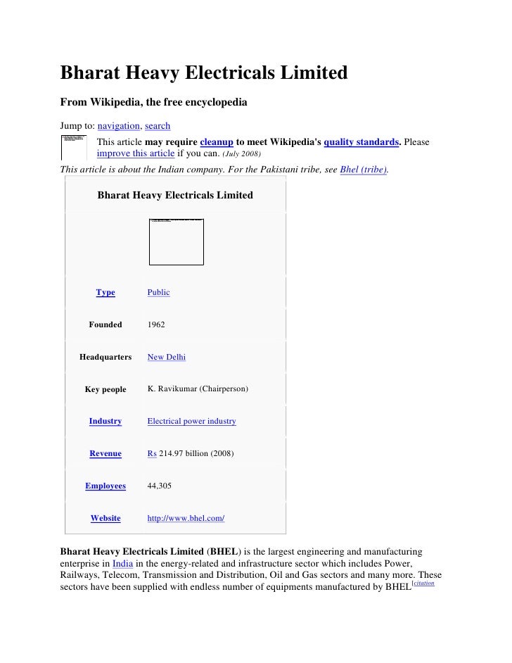 Bharat Heavy Electricals Limited Wikipedia The Free Encyclopedia
