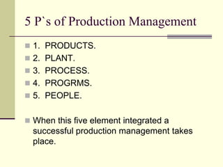 5 P`s of Production Management
 1. PRODUCTS.
 2. PLANT.
 3. PROCESS.
 4. PROGRMS.
 5. PEOPLE.
 When this five elemen...
