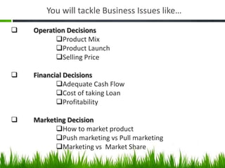 You will tackle Business Issues like…

   Operation Decisions
          Product Mix
          Product Launch
          Selling Price

   Financial Decisions
           Adequate Cash Flow
           Cost of taking Loan
           Profitability

   Marketing Decision
          How to market product
          Push marketing vs Pull marketing
          Marketing vs Market Share
 