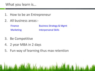 What you learn is…

1. How to be an Entrepreneur
2. All business areas:-
    Finance               Business Strategy & Mgmt
    Marketing             Interpersonal Skills


3. Be Competitive
4. 2 year MBA in 2 days
5. Fun way of learning thus max retention
 