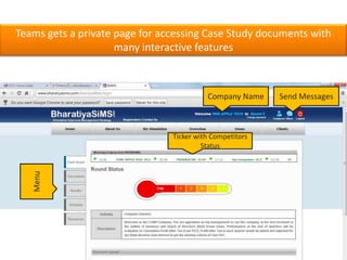 Teams gets a private page for accessing Case Study documents with
                     many interactive features



                                          Company Name    Send Messages



                                Ticker with Competitors
                                         Status
   Menu
 