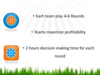 • Each team play 4-6 Rounds


    • Teams maximize profitability


• 2 hours decision making time for each
                 round
 