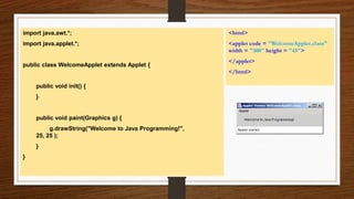 import java.awt.*;
import java.applet.*;
public class WelcomeApplet extends Applet {
public void init() {
}
public void paint(Graphics g) {
g.drawString("Welcome to Java Programming!",
25, 25 );
}
}
<html>
<applet code = "WelcomeApplet.class"
width = "300" height = "45">
</applet>
</html>
 