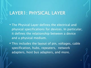 LAYER1: PHYSICAL LAYER
• The Physical Layer defines the electrical and
physical specifications for devices. In particular,
it defines the relationship between a device
and a physical medium.
• This includes the layout of pin, voltages, cable
specification, hubs, repeaters, network
adapters, host bus adapters, and more.
4
 
