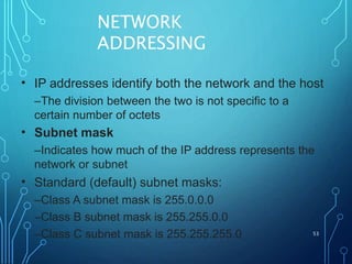 NETWORK
ADDRESSING
53
• IP addresses identify both the network and the host
–The division between the two is not specific to a
certain number of octets
Subnet mask
–Indicates how much of the IP address represents the
network or subnet
Standard (default) subnet masks:
–Class A subnet mask is 255.0.0.0
–Class B subnet mask is 255.255.0.0
–Class C subnet mask is 255.255.255.0
•
•
 