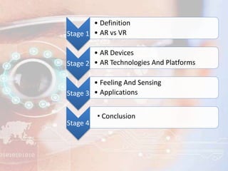 Stage 1
• Definition
• AR vs VR
Stage 2
• AR Devices
• AR Technologies And Platforms
Stage 3
• Feeling And Sensing
• Applications
Stage 4
• Conclusion
 