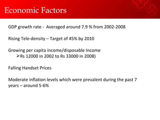 GDP growth rate -  Averaged around 7.9 % from 2002-2008 Rising Tele-density – Target of 45% by 2010 Growing per capita income/disposable Income  Rs 12000 in 2002 to Rs 33000 in 2008) Falling Handset Prices Moderate inflation levels which were prevalent during the past 7 years – around 5-6% Economic Factors 