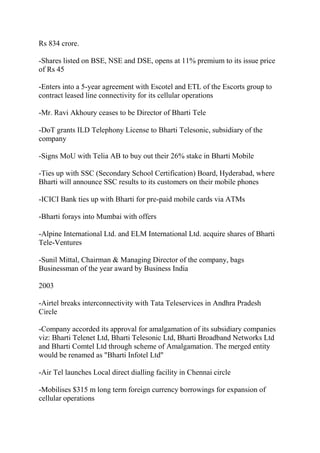 Rs 834 crore.

-Shares listed on BSE, NSE and DSE, opens at 11% premium to its issue price
of Rs 45

-Enters into a 5-year agreement with Escotel and ETL of the Escorts group to
contract leased line connectivity for its cellular operations

-Mr. Ravi Akhoury ceases to be Director of Bharti Tele

-DoT grants ILD Telephony License to Bharti Telesonic, subsidiary of the
company

-Signs MoU with Telia AB to buy out their 26% stake in Bharti Mobile

-Ties up with SSC (Secondary School Certification) Board, Hyderabad, where
Bharti will announce SSC results to its customers on their mobile phones

-ICICI Bank ties up with Bharti for pre-paid mobile cards via ATMs

-Bharti forays into Mumbai with offers

-Alpine International Ltd. and ELM International Ltd. acquire shares of Bharti
Tele-Ventures

-Sunil Mittal, Chairman & Managing Director of the company, bags
Businessman of the year award by Business India

2003

-Airtel breaks interconnectivity with Tata Teleservices in Andhra Pradesh
Circle

-Company accorded its approval for amalgamation of its subsidiary companies
viz: Bharti Telenet Ltd, Bharti Telesonic Ltd, Bharti Broadband Networks Ltd
and Bharti Comtel Ltd through scheme of Amalgamation. The merged entity
would be renamed as "Bharti Infotel Ltd"

-Air Tel launches Local direct dialling facility in Chennai circle

-Mobilises $315 m long term foreign currency borrowings for expansion of
cellular operations
 