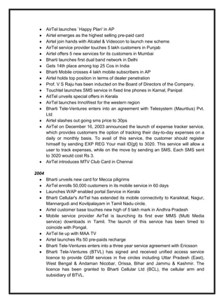 AirTel launches `Happy Plan' in AP
Airtel emerges as the highest selling pre-paid card
Airtel join hands with Alcatel & Videocon to launch new scheme
AirTel service provider touches 5 lakh customers in Punjab
Airtel offers 5 new services for its customers in Mumbai
Bharti launches first dual band network in Delhi
Gets 14th place among top 25 Cos in India
Bharti Mobile crosses 4 lakh mobile subscribers in AP
Airtel holds top position in terms of dealer penetration
Prof. V S Raju has been inducted on the Board of Directors of the Company.
Touchtel launches SMS service in fixed line phones in Karnal, Panipat
AitTel unveils special offers in Kerala
AirTel launches InnoWest for the western region
Bharti Tele-Ventures enters into an agreement with Telesystem (Mauritius) Pvt.
Ltd
Airtel slashes out going sms price to 30ps
AirTel on December 16, 2003 announced the launch of expense tracker service,
which provides customers the option of tracking their day-to-day expenses on a
daily or monthly basis. To avail of this service, the customer should register
himself by sending EXP REG Your mail ID{gt} to 3020. This service will allow a
user to track expenses, while on the move by sending an SMS. Each SMS sent
to 3020 would cost Rs 3.
AirTel introduces MTV Club Card in Chennai
2004
Bharti unveils new card for Mecca piligrims
AirTel enrolls 50,000 customers in its mobile service in 60 days
Launches WAP enabled portal Service in Kerala
Bharti Cellular's AirTel has extended its mobile connectivity to Karaikkal, Nagur,
Mannargudi and Kovilpalayam in Tamil Nadu circle.
Airtel customer base touches new high of 5 lakh mark in Andhra Pradesh
Mobile service provider AirTel is launching its first ever MMS (Multi Media
service) downloads in Tamil. The launch of this service has been timed to
coincide with Pongal.
AirTel tie up with MAA TV
Airtel launches Rs 50 pre-paids recharge
Bharti Tele-Ventures enters into a three year service agreement with Ericsson
Bharti Tele-Ventures (BTVL) has signed and received unified access service
licence to provide GSM services in five circles including Uttar Pradesh (East),
West Bengal & Andaman Nicobar, Orissa, Bihar and Jammu & Kashmir. The
licence has been granted to Bharti Cellular Ltd (BCL), the cellular arm and
subsidiary of BTVL.
 